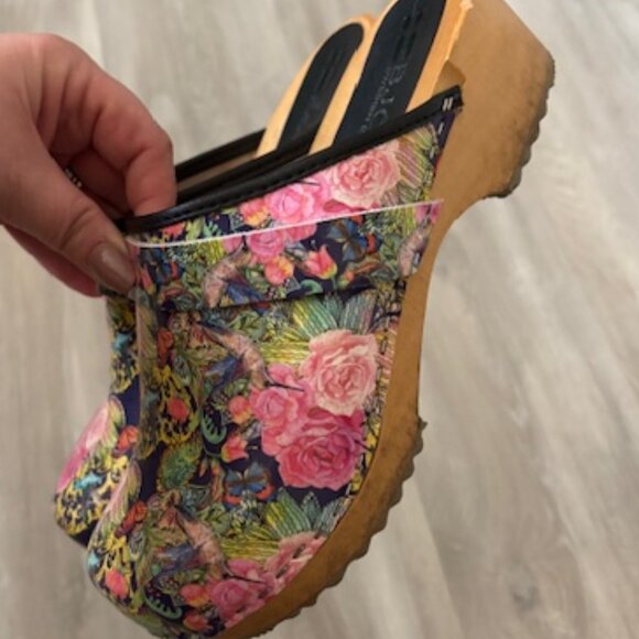 BJORK Maja Wood Colibri Floral Printed Leather Clogs size 9.5 - Picture 5 of 8